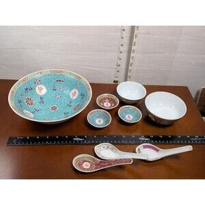 Vintage Chinese Mun Shou Longevity Porcelain 14 Pc Set Tea Cups Rice Bowls Spoon